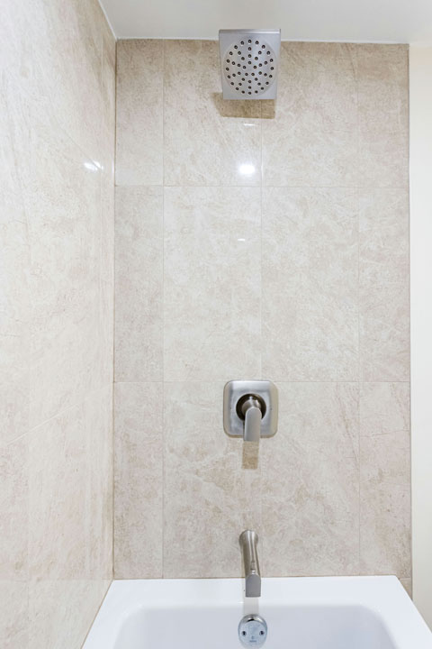 rainfall shower head with faucets and bathtub